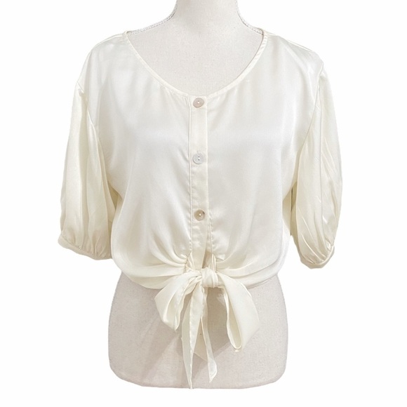 Sabo Skirt Tops - SABO SKIRT OFF WHITE SATIN PUFFY SLEEVES BUTTON DOWN FRONT TIE CROP TOP - L